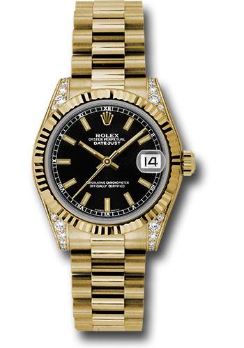 Rolex Yellow Gold Datejust 31 Watch - Fluted Bezel - Black Index Dial - President Bracelet - 178238 bkip