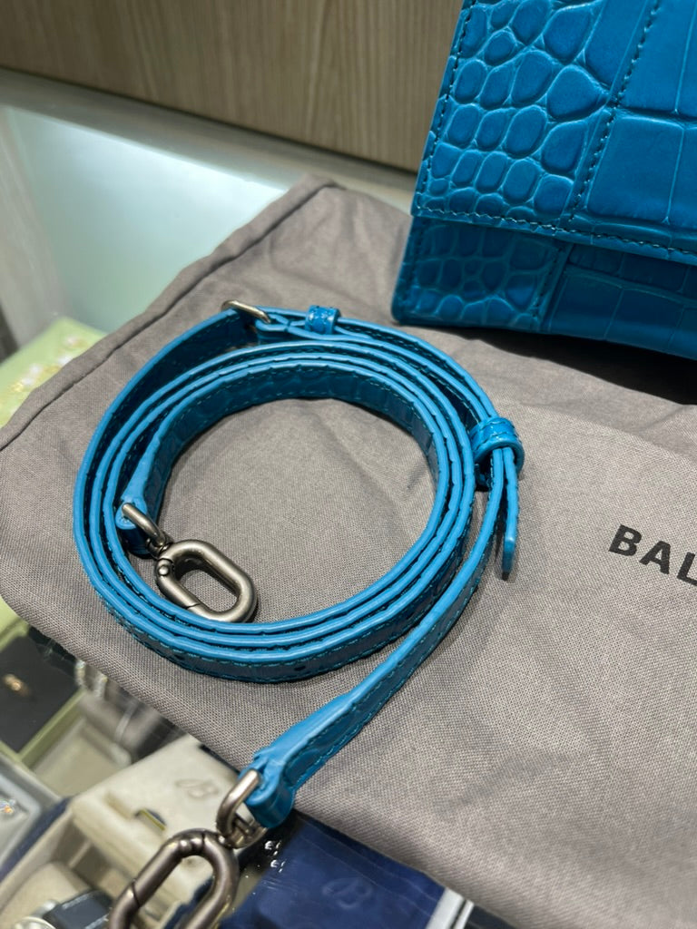 Pre-Owned Balenciaga Hourglass Top Handle Bag Blue Croc Embossed Leather