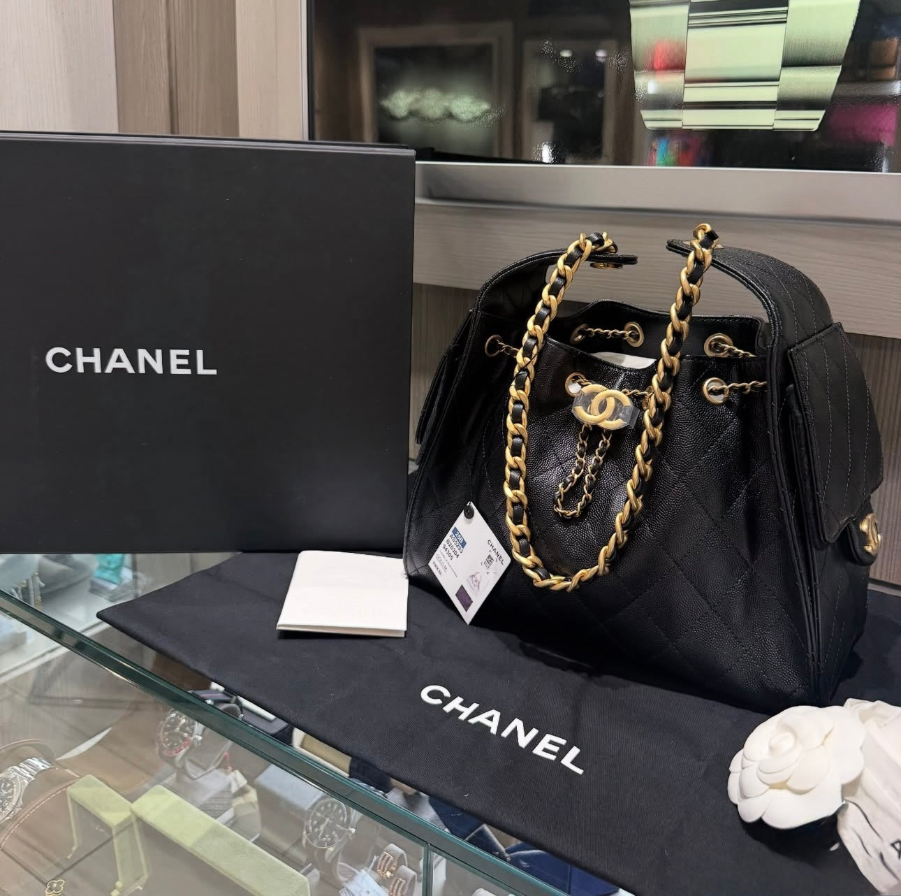 Unworn Chanel 25 Small Handbag – Black Caviar Leather with Antique Gold