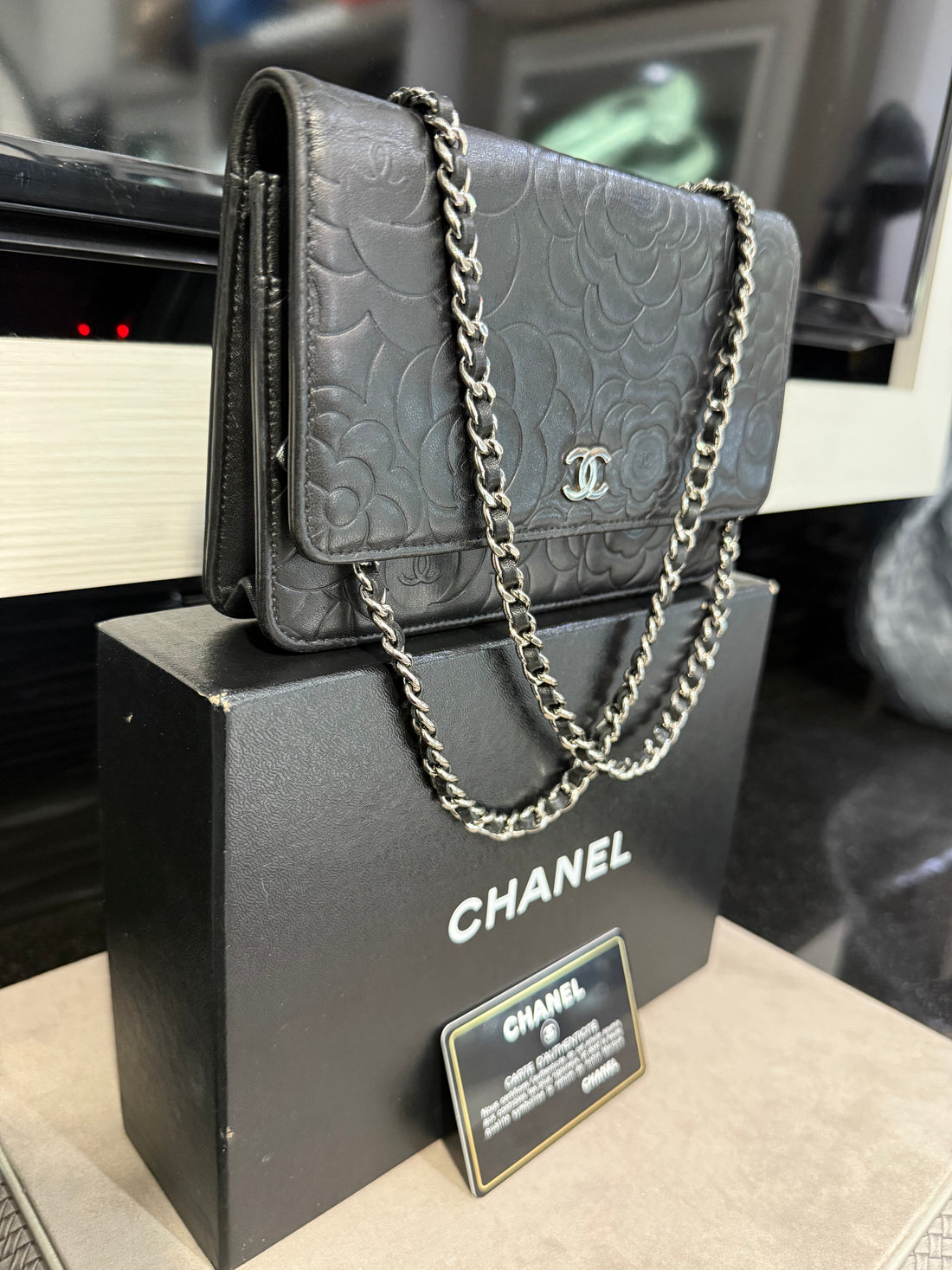 Chanel Camila Wallet on Chain Black Lambskin Leather Silver Hardware complete set