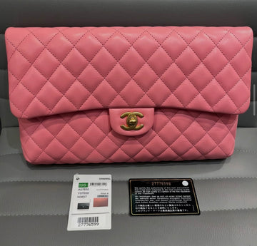 Unworn Chanel Timeless Classic Flap Clutch Lambskin Pink Antique Gold Hardware