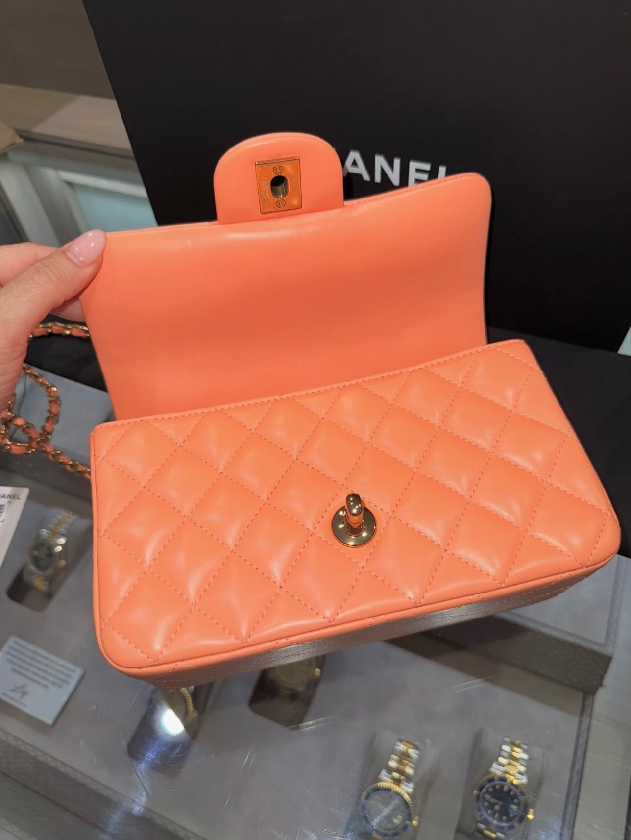 Unworn Chanel Mini Top Handle Rectangle Single flap Orange Sherbet Lam