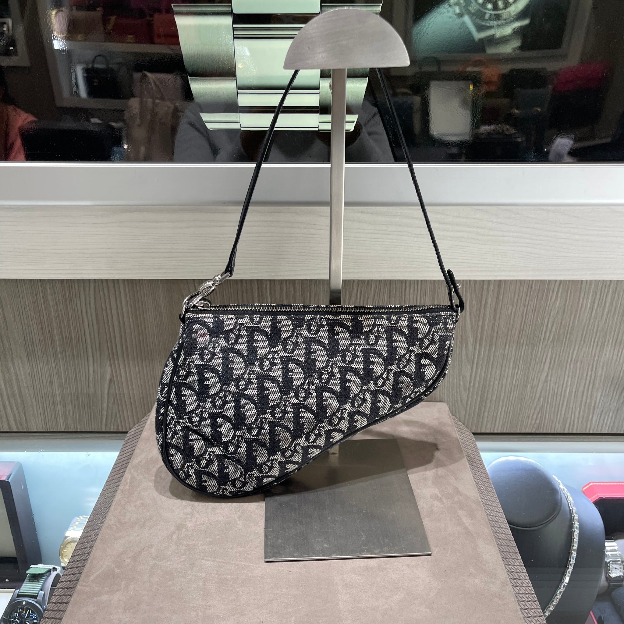 Vintage Dior Small Trotter Saddle shoulder Bag Black Diorissimo Jacquard