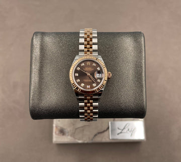 Pre-owned Rolex Ladies-Datejust 28mm ref.279171 Chocolate Diamond Dial Fluted Bezel on Jubilee w/Box & Card (2017)