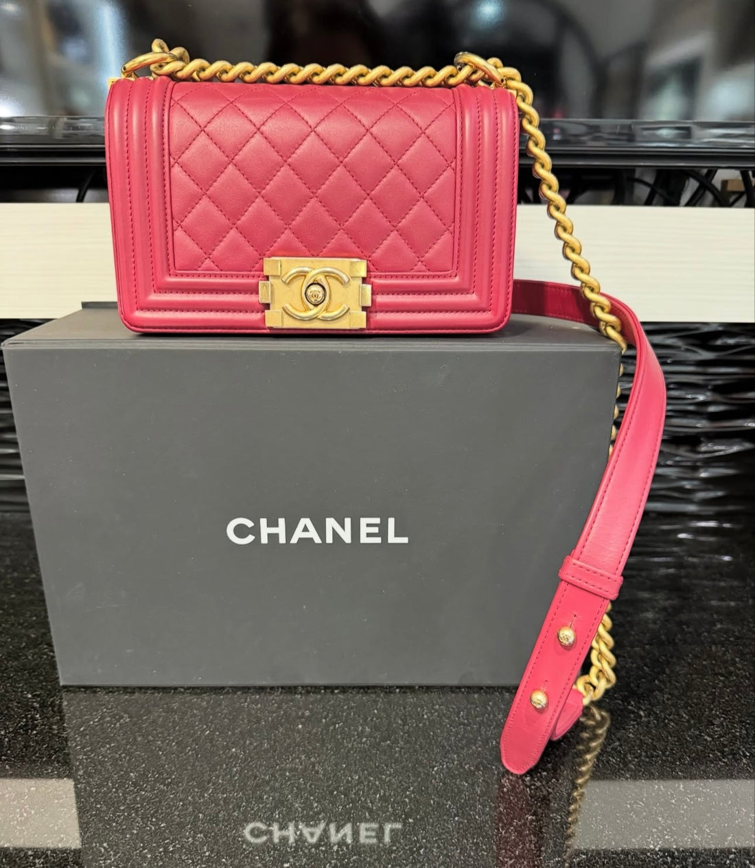 Pre-owned Chanel Small Boy Flap Bag Dark Pink Quilted Lambskin with Antique Gold Hardware (2018–2019)