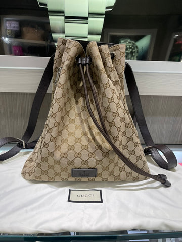 Pre-Owned Gucci GG Canvas Logo Drawstring Backpack Dark Brown