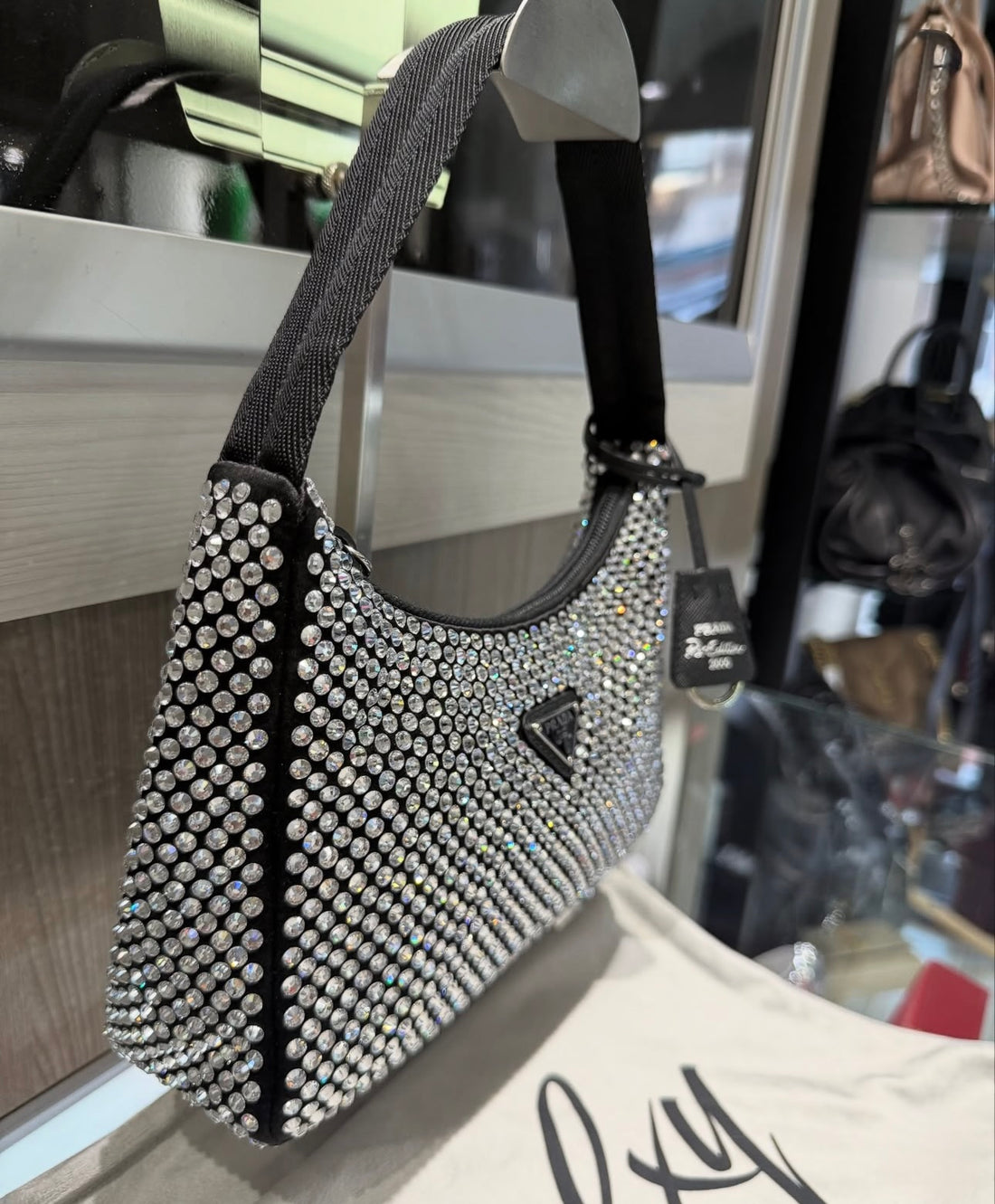 Pre-owned Prada Black Satin Crystal Re-Edition 2000 Mini Bag