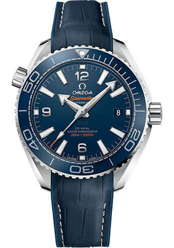 Omega Planet Ocean 600M Co-Axial Master Chronometer Watch - 39.5 mm Steel Case - Unidirectional Blue Cermaic Bezel - Black Dial - Blue Leather Strap - 215.33.40.20.03.001