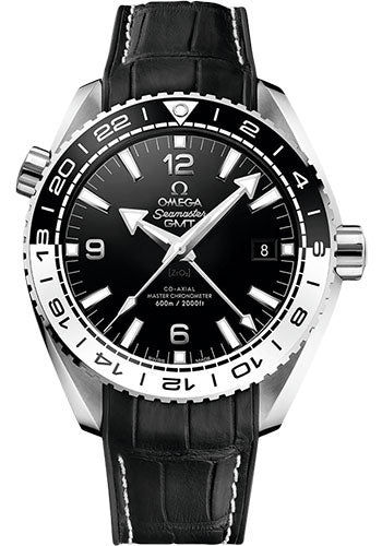 Omega Seamaster Planet Ocean 600 M Co-Axial Master Chronometer GMT Watch - 43.5 mm Steel Case - Bi-Directional Bezel - Black Ceramic Dial - Black Leather Strap - 215.33.44.22.01.001