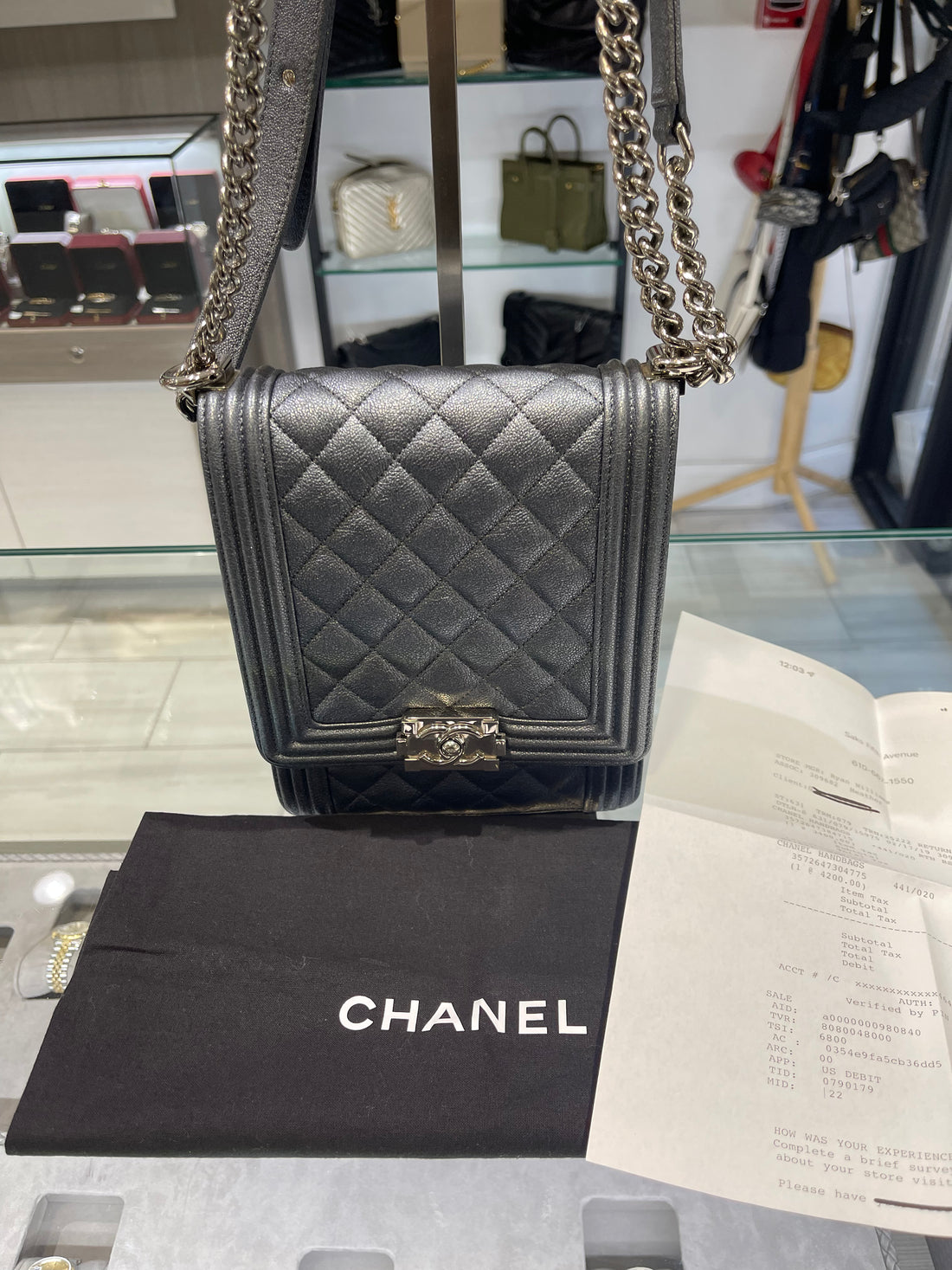 Pre-Owned Chanel Iridescent Caviar Quilted North South Boy Flap Bag – Grey with Silver Hardware