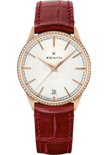 Zenith Elite Classic Watch - Rose Gold - Diamond Bezel - Silver Dial - Burgundy Alligator Strap - 22.3200.670/01.C831