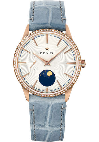 Zenith Elite Moonphase Watch - Rose Gold - Diamond Bezel - Silver Dial - Blue Jean Alligator Strap - 22.3200.692/01.C832