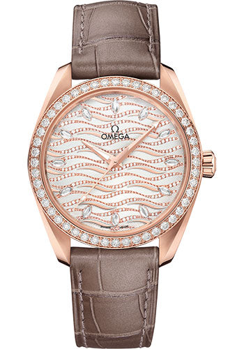 Omega Seamaster Aqua Terra 150M Co-Axial Master Chronometer Ladies Watch - 38 mm Sedna Gold Case - Diamond-Set Bezel - Radiant Diamond Dial - Taupe-Brown Leather Strap - 220.58.38.20.99.006