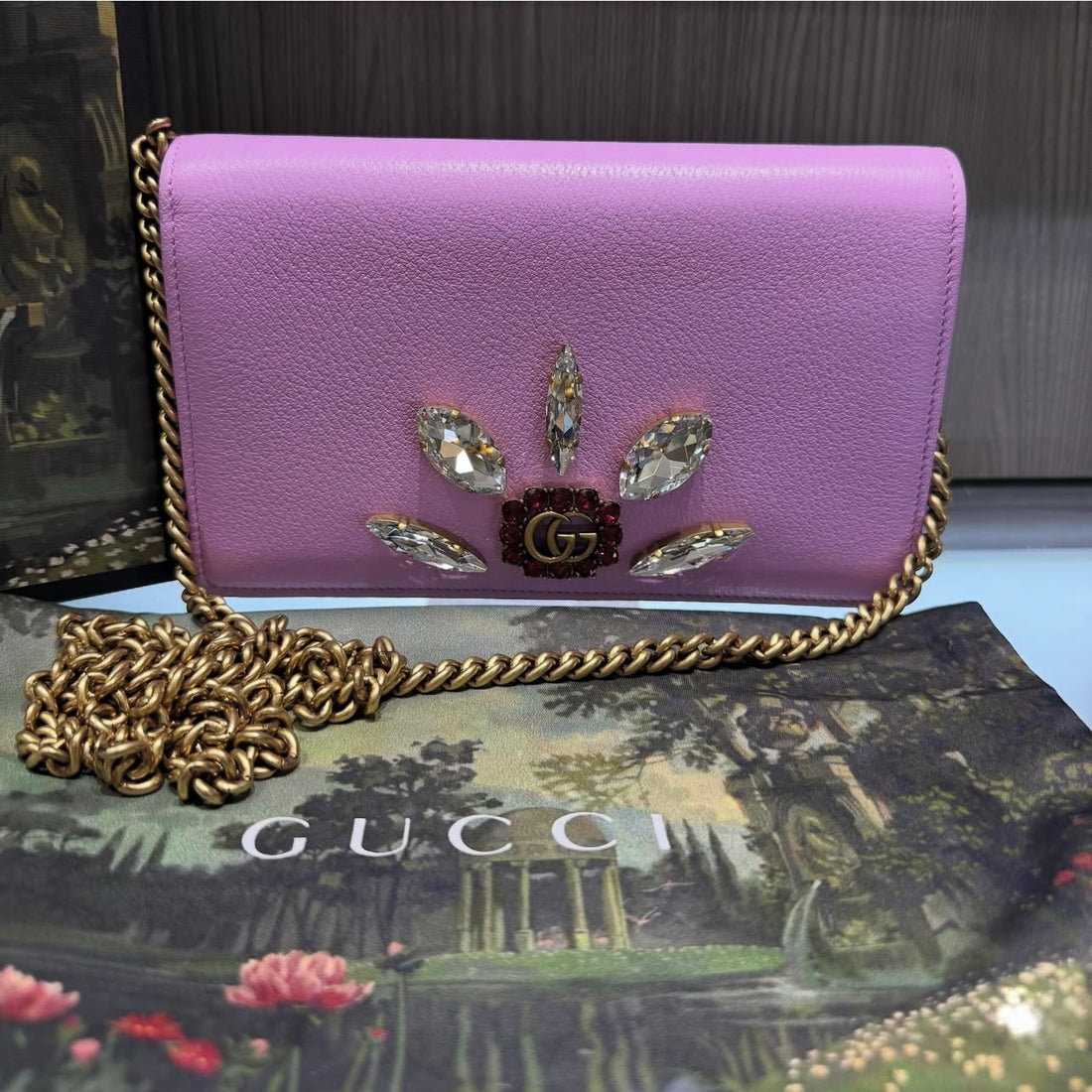 Pre-owned Gucci Pink Double G Marmont Marquise Ruby Stones Wallet on Chain