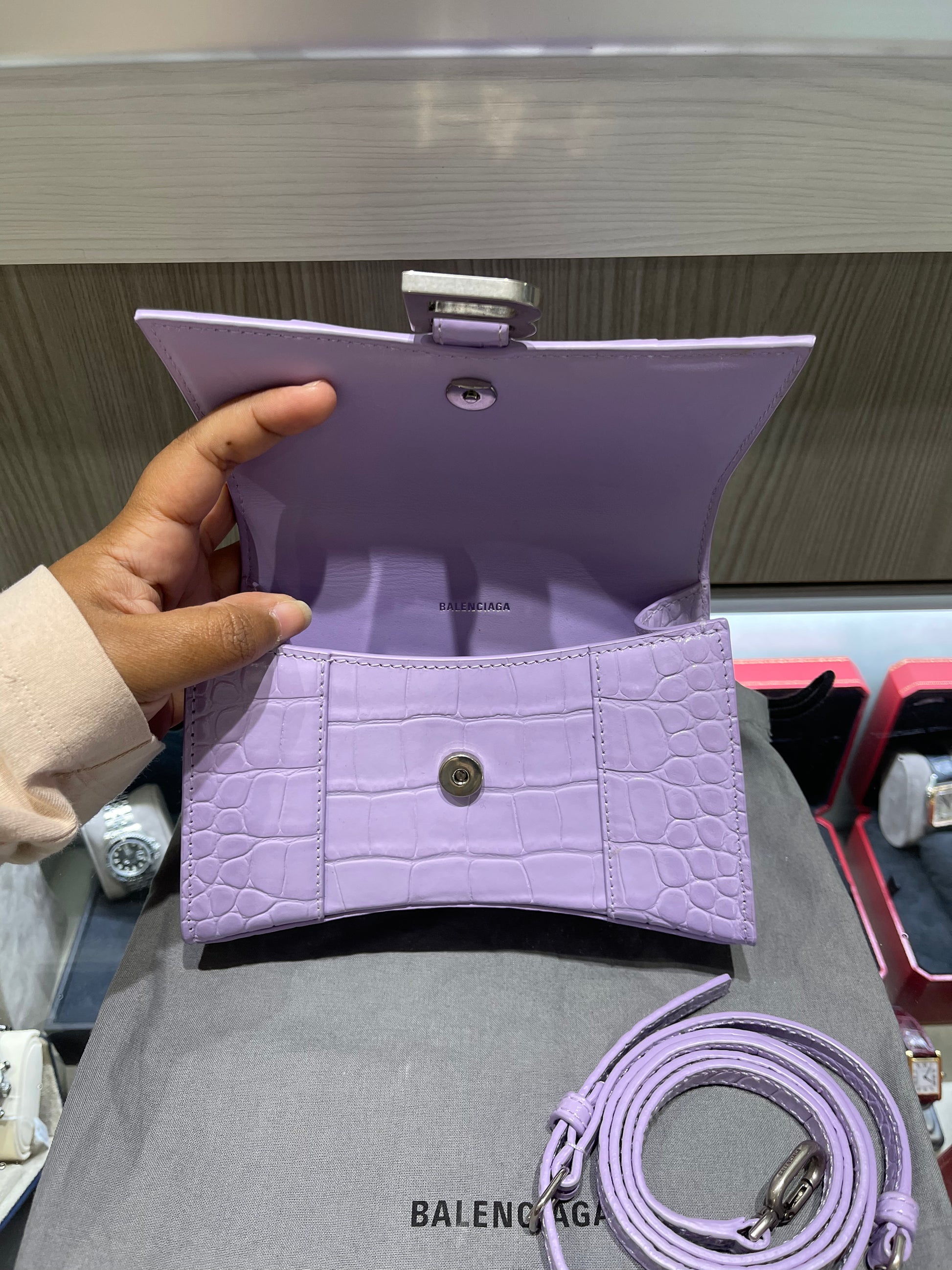 Pre-owned Balenciaga XS Hourglass Croc Light Lilac Purple Crossbody Bag