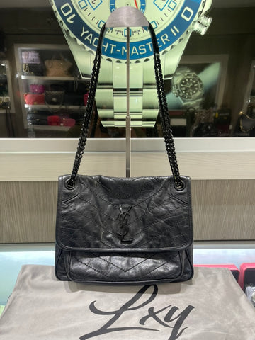 Pre-Owned Saint Laurent Niki Medium Shoulder Bag Black Crinkled Calfskin
