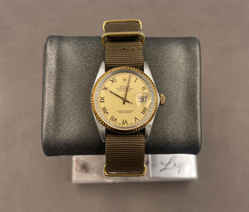 Pre-owned Rolex Men's Datejust 36mm ref.16013 Champagne Roman Dial Fluted Bezel on Green Nato Strap w/Box, 6 Mill Serial
