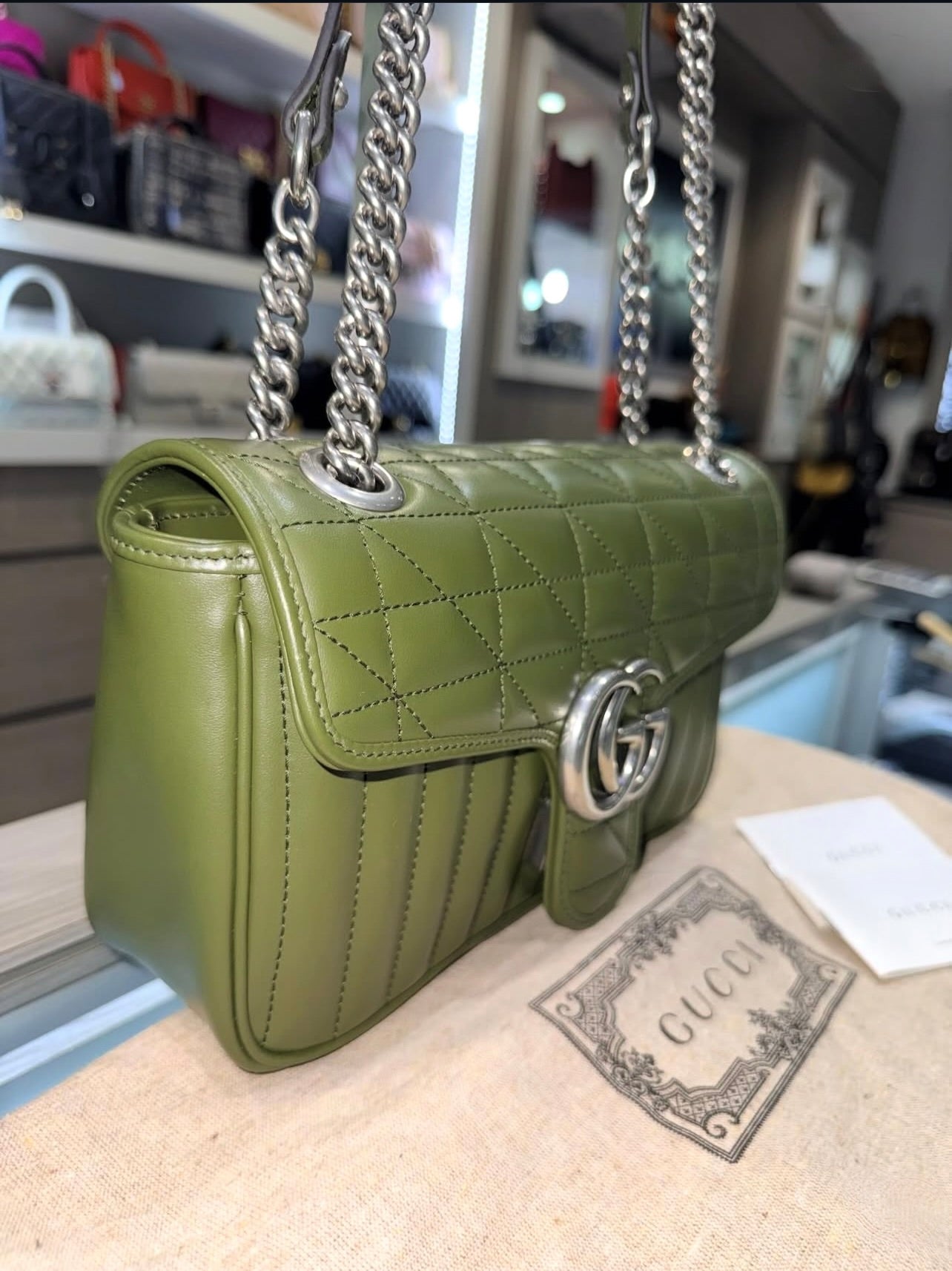Pre-owned Gucci GG Marmont Matelasse Shoulder Bag in Army Green