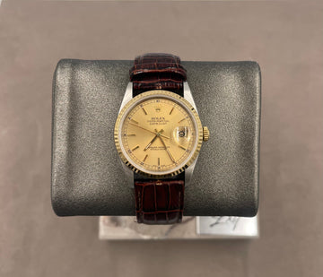 Pre-owned Rolex Men's Datejust 36mm ref.16233 Champagne Index Dial Fluted Bezel on Leather Strap, Y Serial