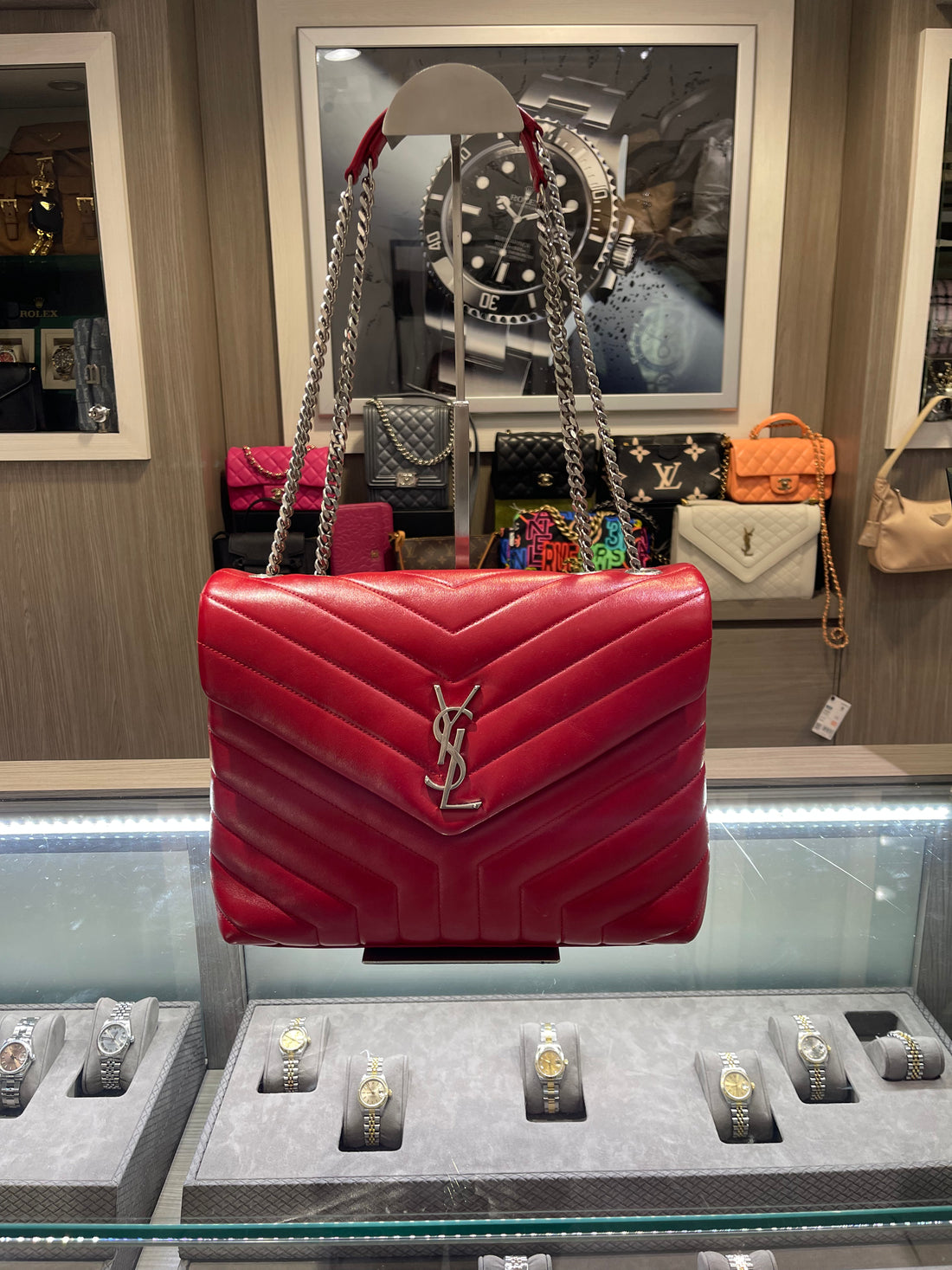Pre-Owned Saint Laurent Medium LouLou Shoulder Bag – Red Matelassé Calfskin with Silver Hardware (2018 Collection)