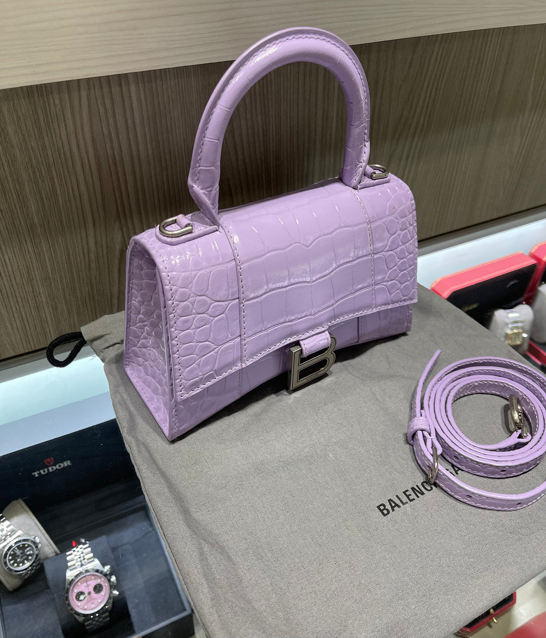 Pre-owned Balenciaga XS Hourglass Croc Light Lilac Purple Crossbody Bag