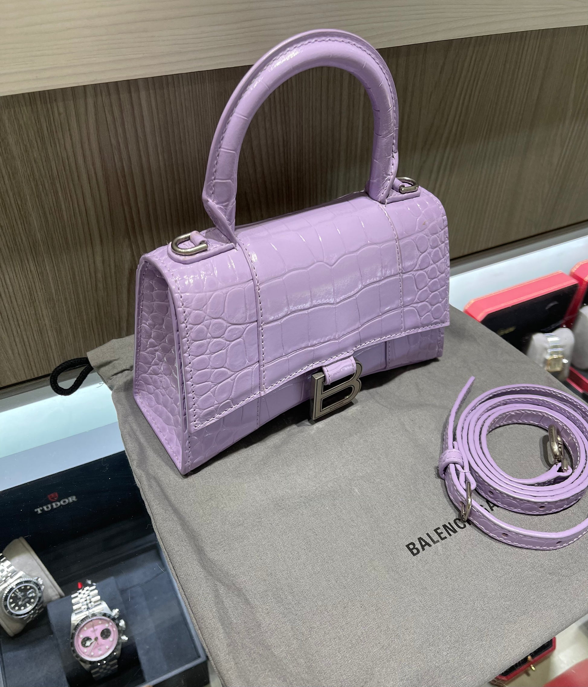 Pre-owned Balenciaga XS Hourglass Croc Light Lilac Purple Crossbody Bag