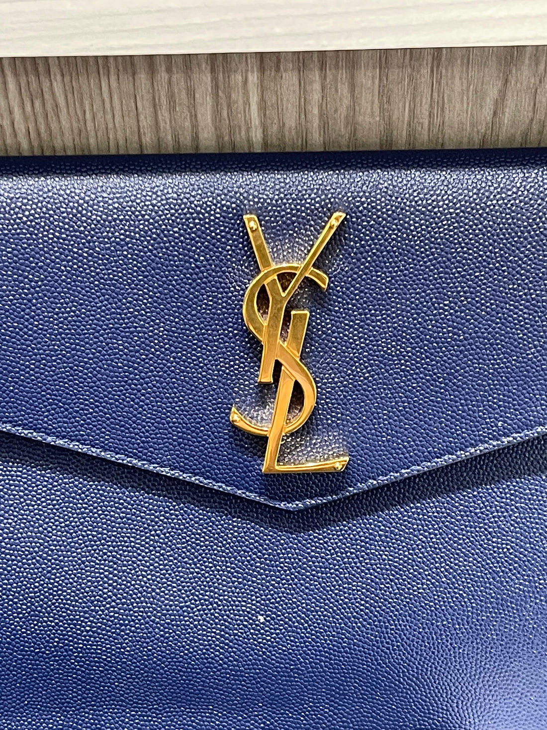 Pre-owned YSL Saint Laurent Uptown Pouch in Blue Charron grain de poudre calfskin leather