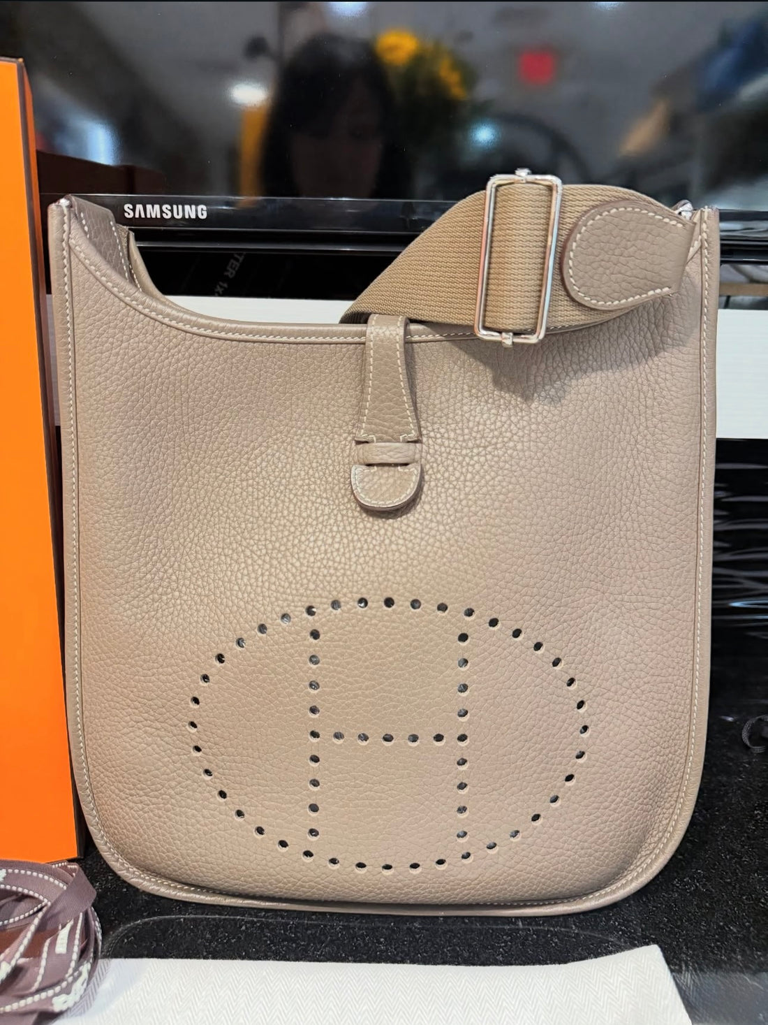 Preowned Hermes Evelyne PM Taurillion Clemence Leather Etoupe
