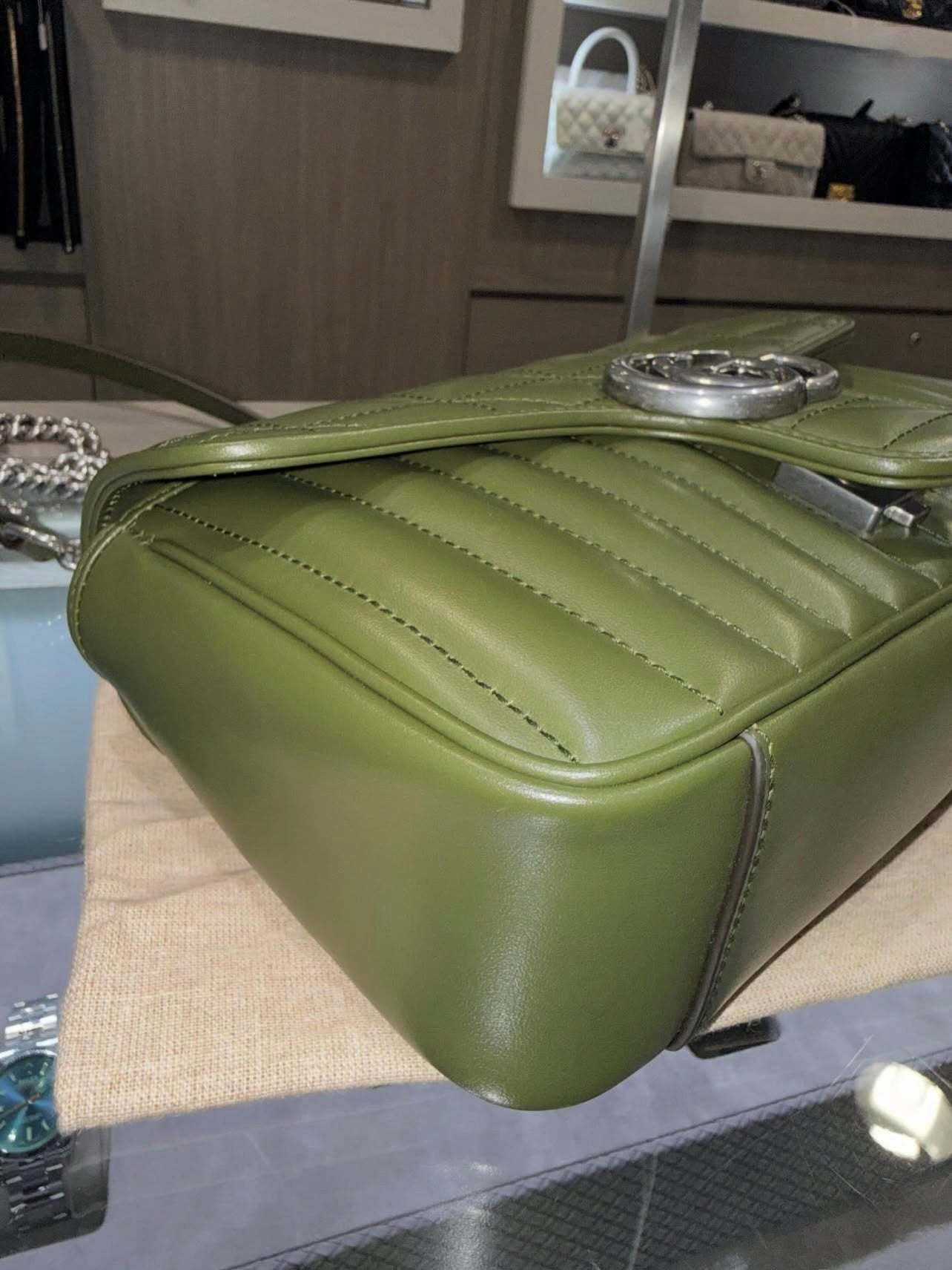 Pre-owned Gucci GG Marmont Matelasse Shoulder Bag in Army Green