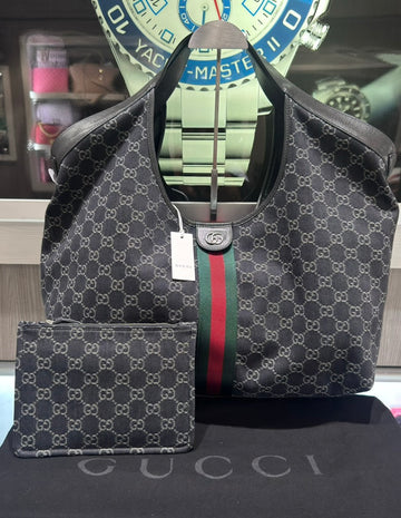 Unworn Gucci Giglio Large Tote Bag Black GG Denim