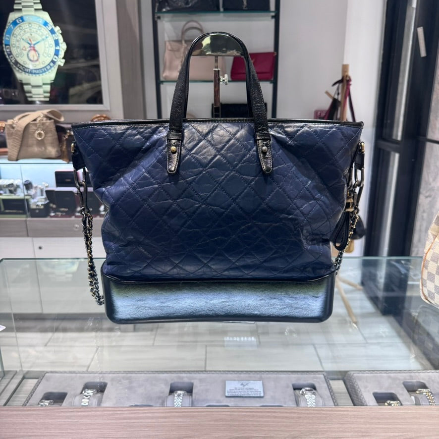Pre-owned CHANEL Aged Calfskin Quilted Large Gabrielle Shopping Tote- Navy & Black