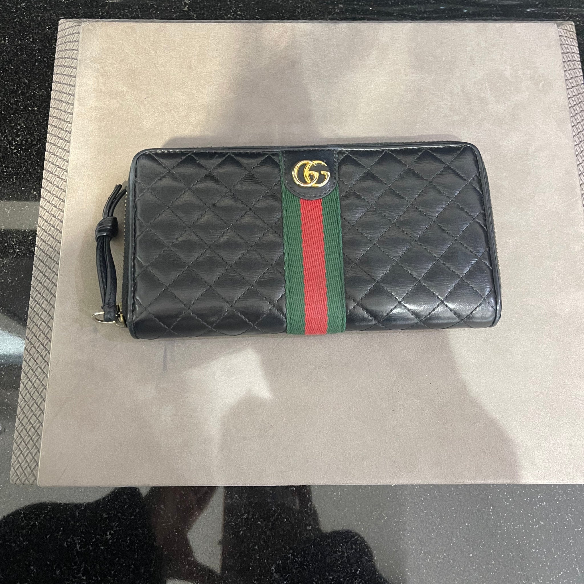 Pre-owned Gucci Long Wallet Black Red green stripe Model 536450 Trapuntata