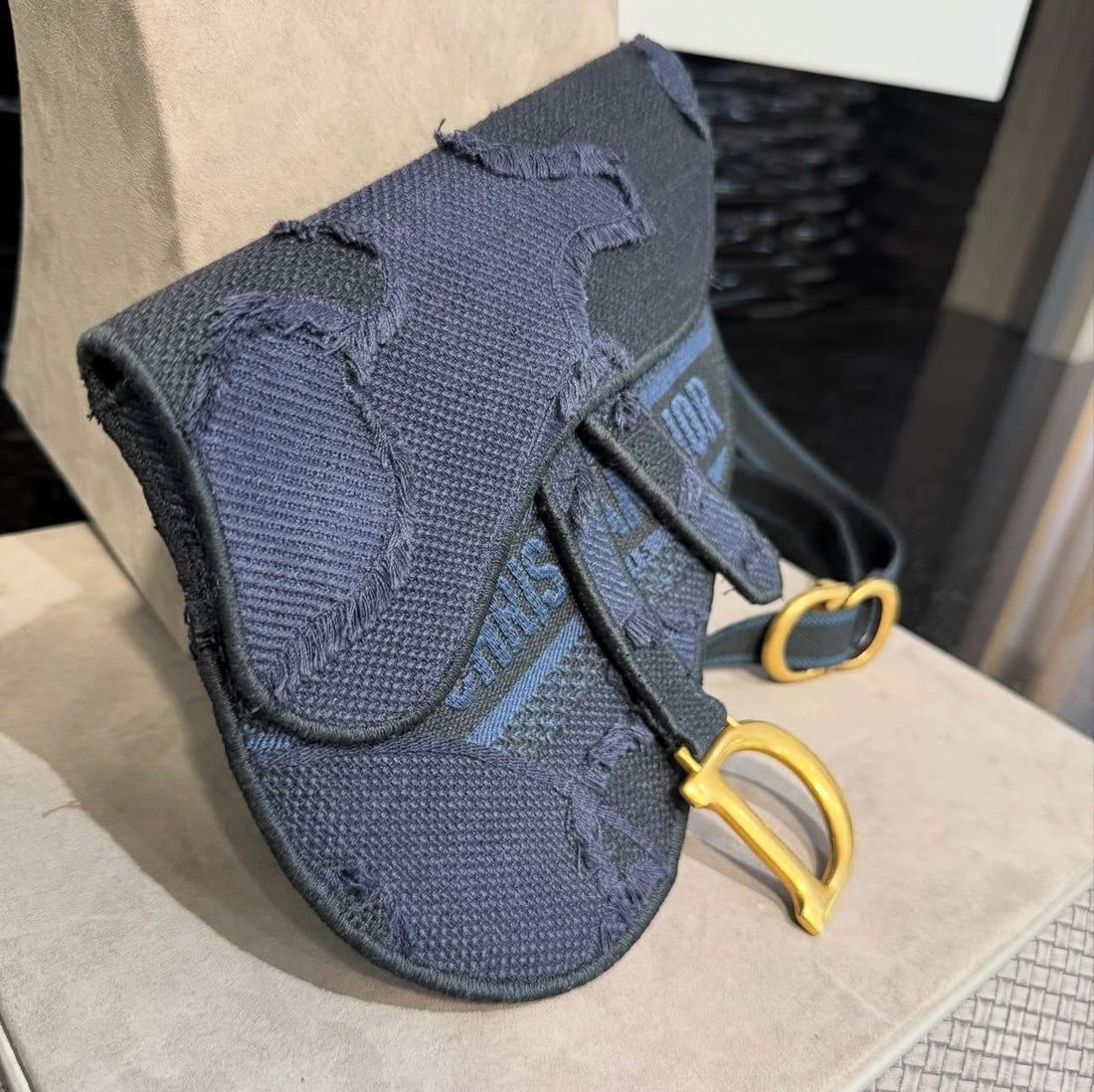 Pre-owned Christian Dior Canvas Embroidered Camouflage Saddle Belt Bag Blue (2019)
