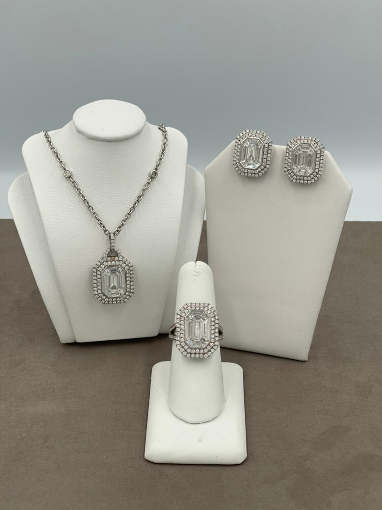 Pre-owned Diamond Necklace, Ring, and Earring Set in 18K White Gold