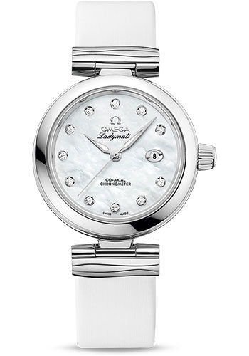 Omega De Ville Ladymatic Omega Co-Axial Watch - 34 mm Steel Case - White Diamond Dial - White Leather Strap - 425.32.34.20.55.002