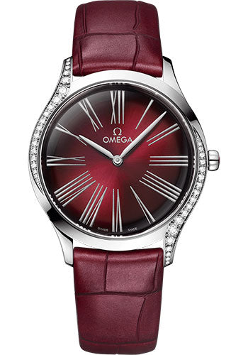 Omega De Ville Tresor Quartz Watch - 36 mm Steel Case - Gradient Burgundy Dial - Burgundy Leather Strap - 428.18.36.60.11.001