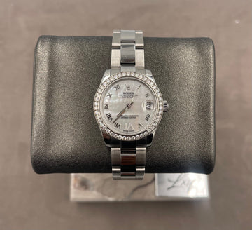 Pre-owned Rolex Ladies-Datejust 31mm ref. 178384 Factory Mother of Pearl Roman Dial & Factory Diamond Bezel on Oyster Band, G serial (2010), w/Box