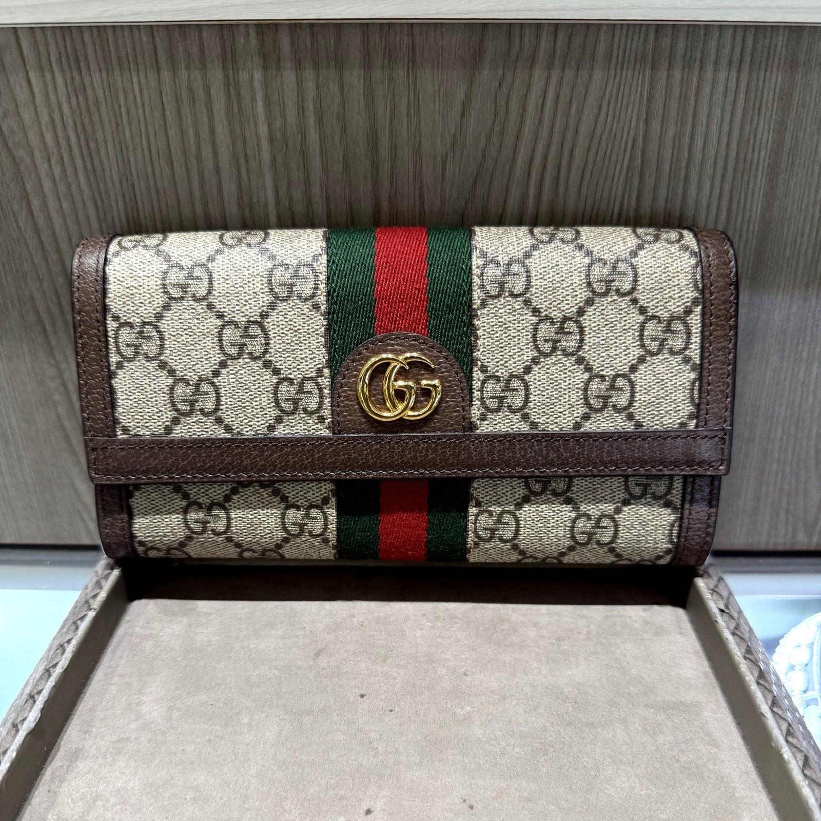 Pre-owned Gucci Ophidia GG Supreme Continental Wallet Brown with Red/Green Web