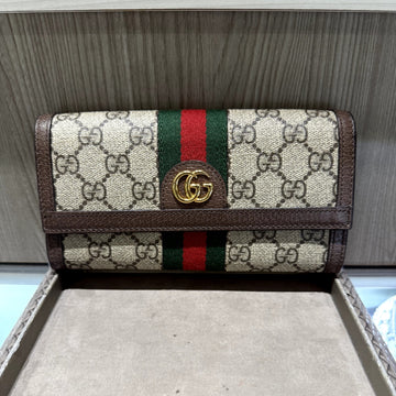 Pre-owned Gucci Ophidia GG Supreme Continental Wallet Brown with Red/Green Web