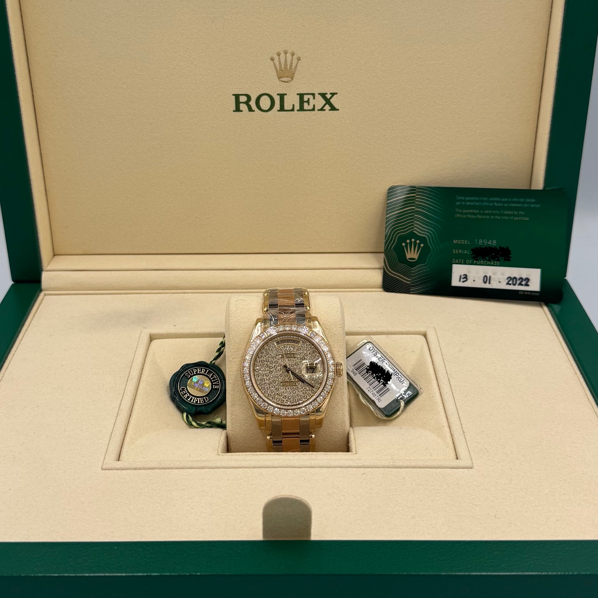 Unworn Rolex Day-Date Masterpiece 39mm ref.18948 Paved Diamond Dial on Tridor Oyster Bracelet
