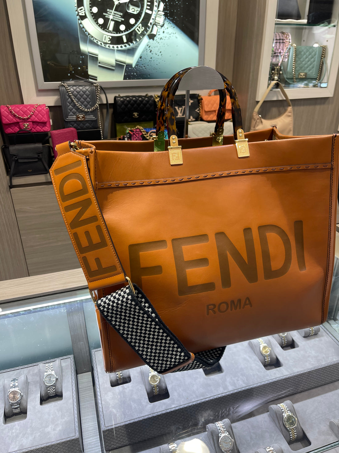 Pre-Owned Fendi Vitello King Plexiglass Large Sunshine Shopper Tote – Brown with Gold Hardware