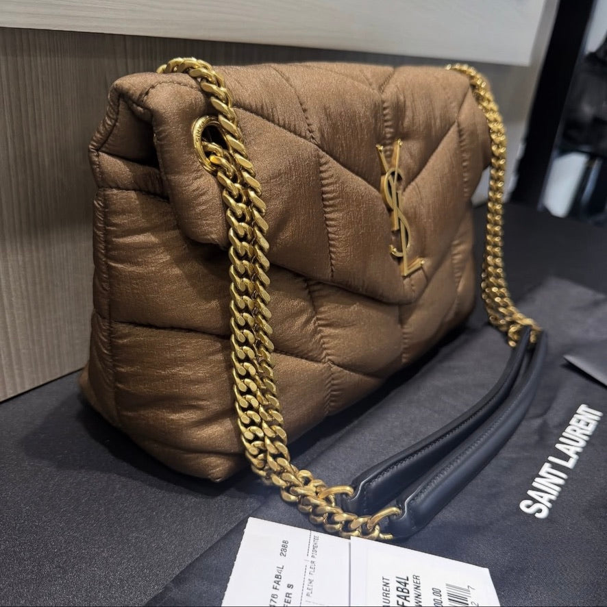 Unworn YSL Saint Laurent Nylon Small Puffer Tetra Brown Antique Gold Hardware