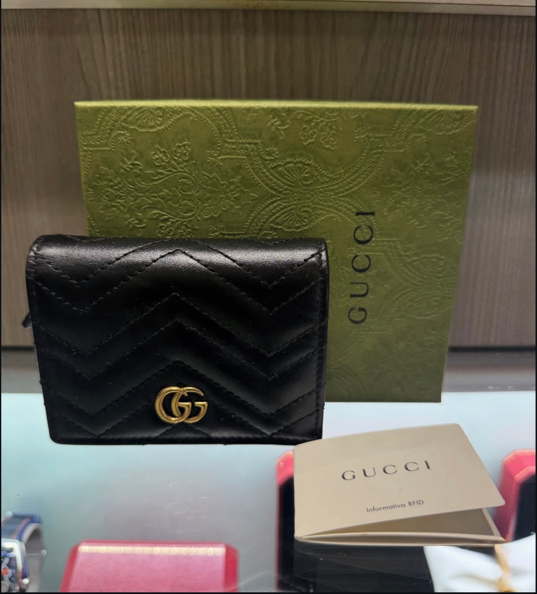 Pre-owned Gucci Black Marmont GG Case Card Wallet style# 466492