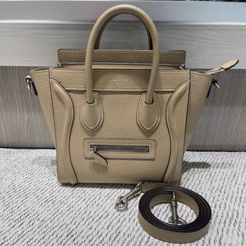 Pre-owned Celine Nano Luggage Tote Drummed Calfskin Taupe