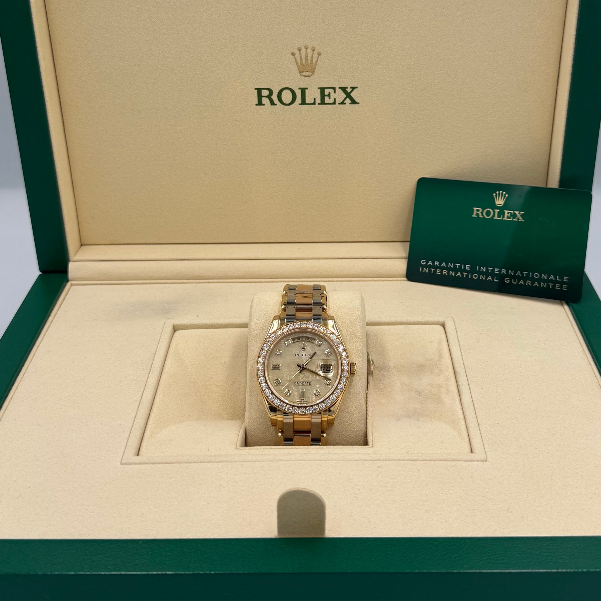 Unworn Rolex Day-Date Masterpiece 39mm ref.18948 Champagne Diamond MOP dial on Tridor Oyster Bracelet