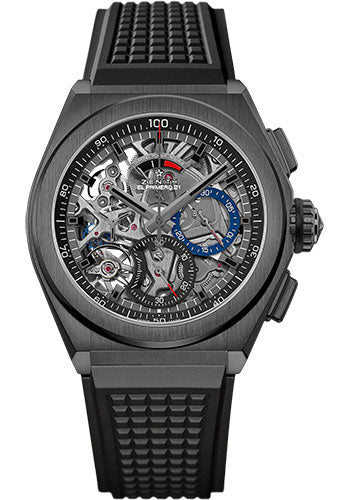 Zenith Defy El Primero 21 Watch - Black Ceramic - Openworked Dial - Black Rubber Strap - 49.9000.9004/78.R782