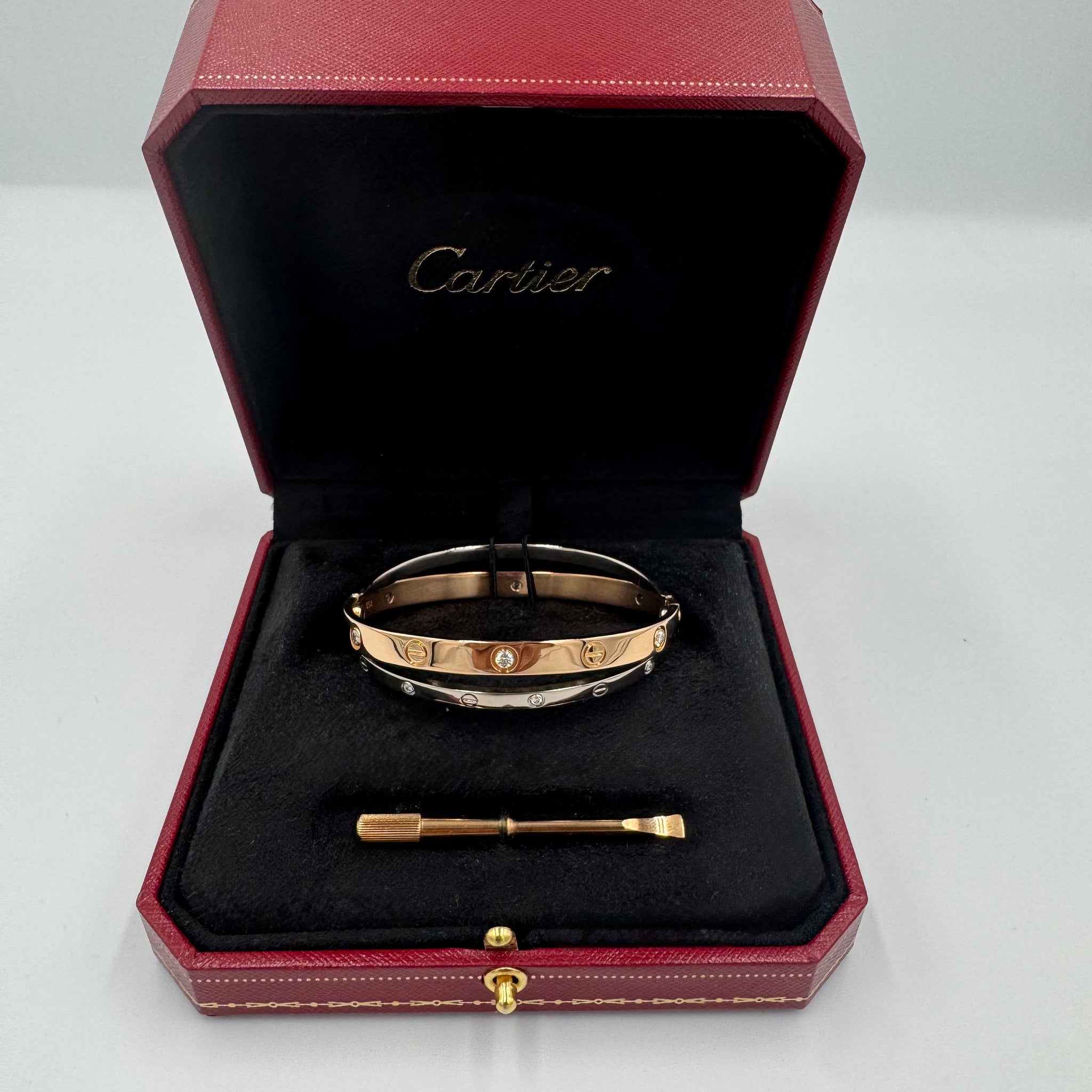 Pre-owned Cartier 18kt White & Rose gold love double bracelet w/12 diamonds size 17