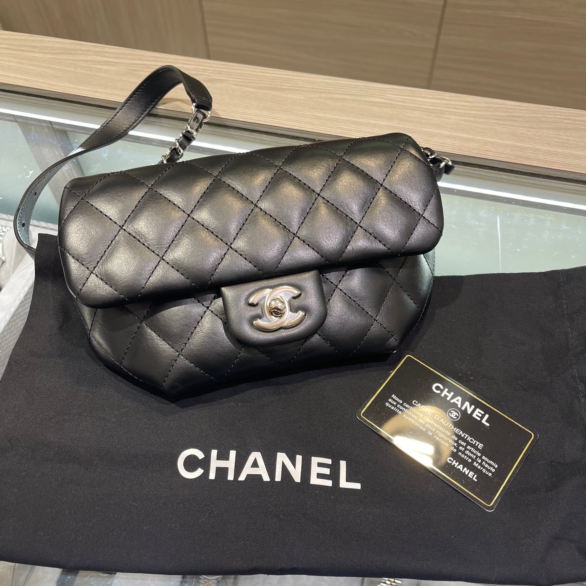 Unworn Chanel Uniform Black Calfskin Bum Bag SHW (2022)