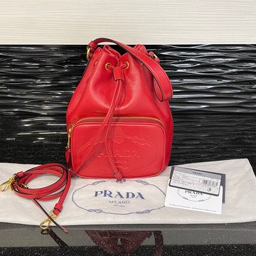 Pre-owned Prada Glace Calf Logo Embossed Bucket Bag Red