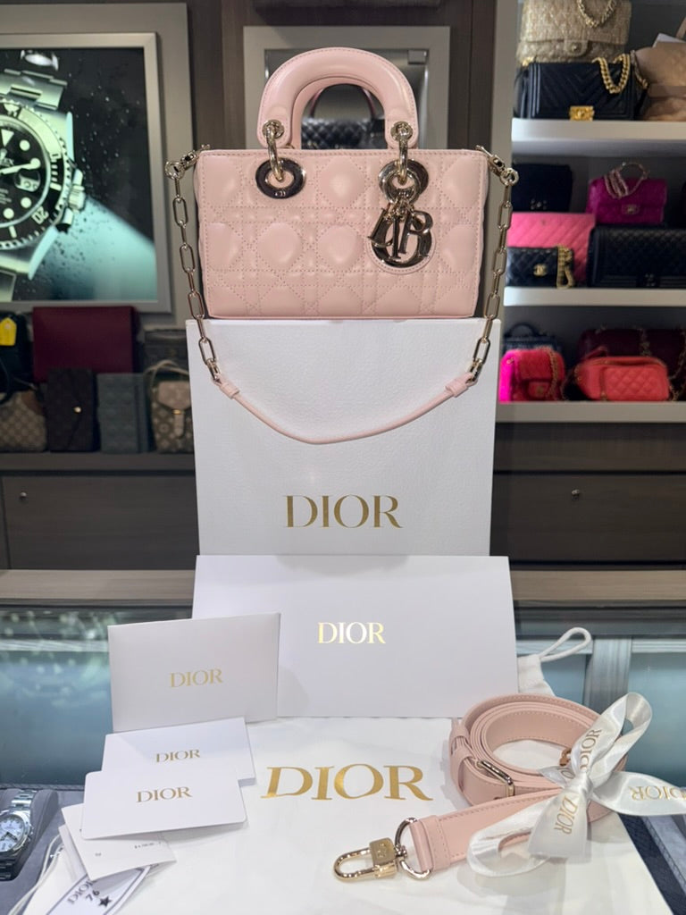 Unworn Christian Dior Mini Lady D-Joy in Powder Pink Cannage Lambskin